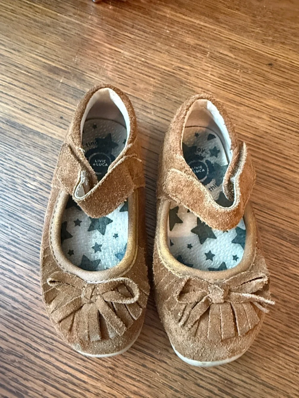 Livie & Luca Girls Tan Suede Mary Jane Moccasins with Tassel Bow